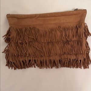 Suede Boho Fringe Suede Clutch - Tan